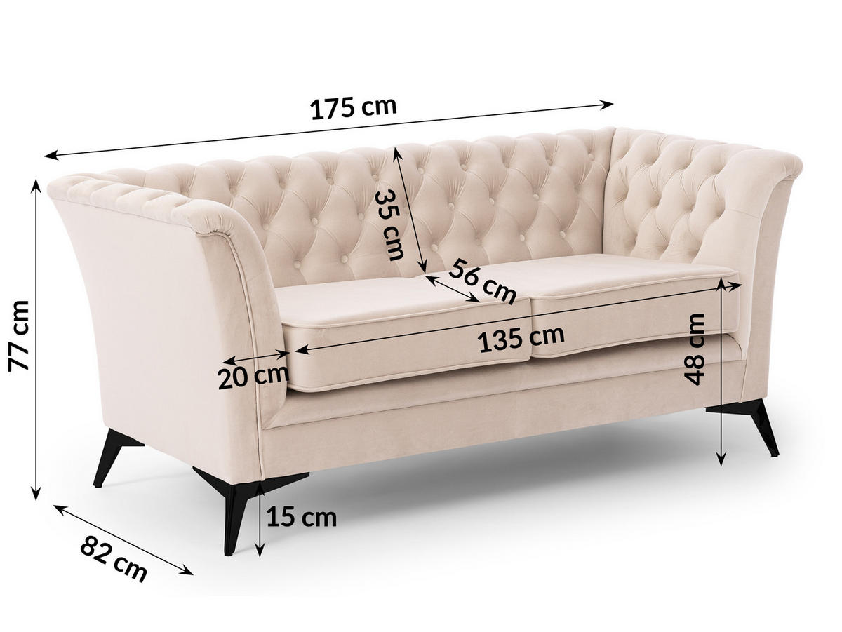SITZGARNITUR 2+1 Chesterfield Whitby Beige Samt mit schwarzen Füßen - Beige/Schwarz, Holz/Textil (175/78/82cm) - S-Style Möbel