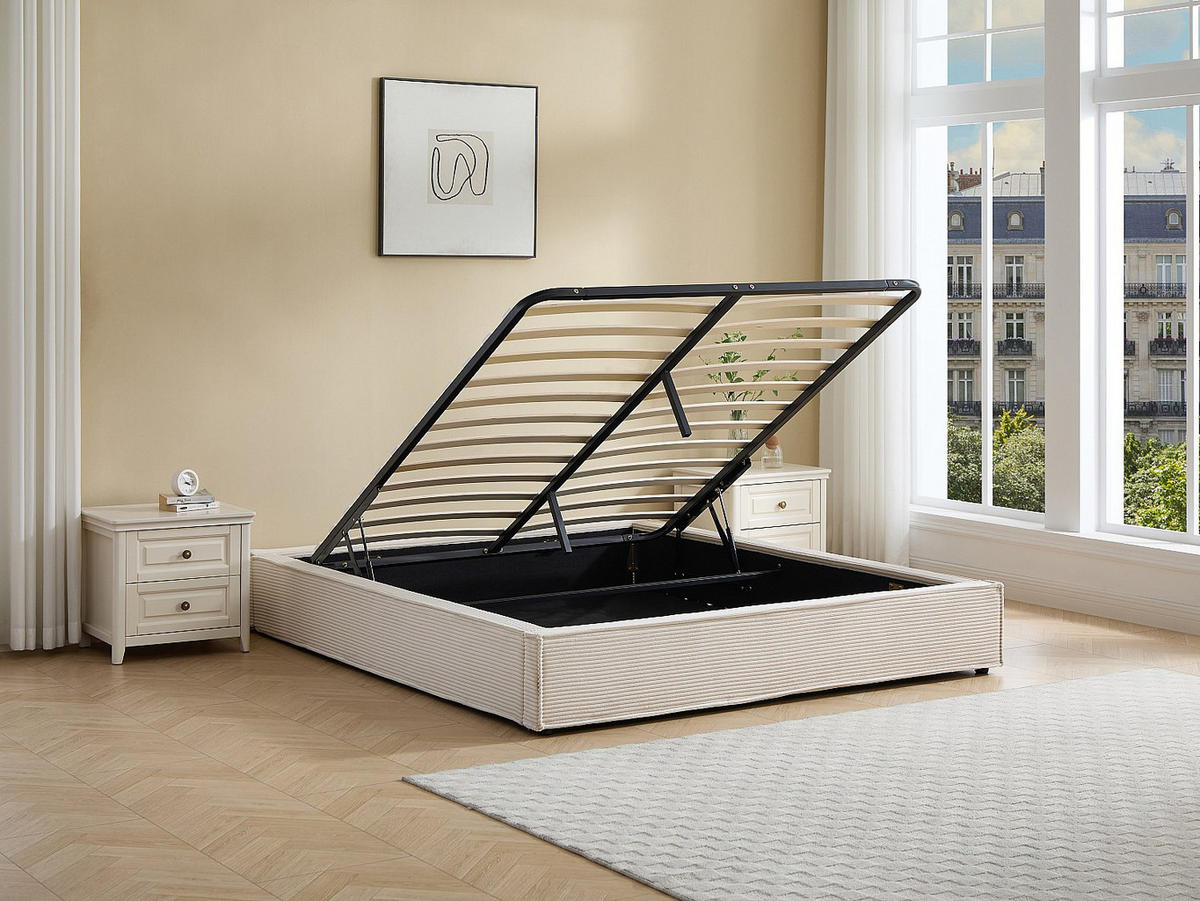 BETTGESTELL mit Bettkasten - 2 Personen - samt - cremefarben Kareso - Creme, Textil (160/200cm) - Vente-Unique