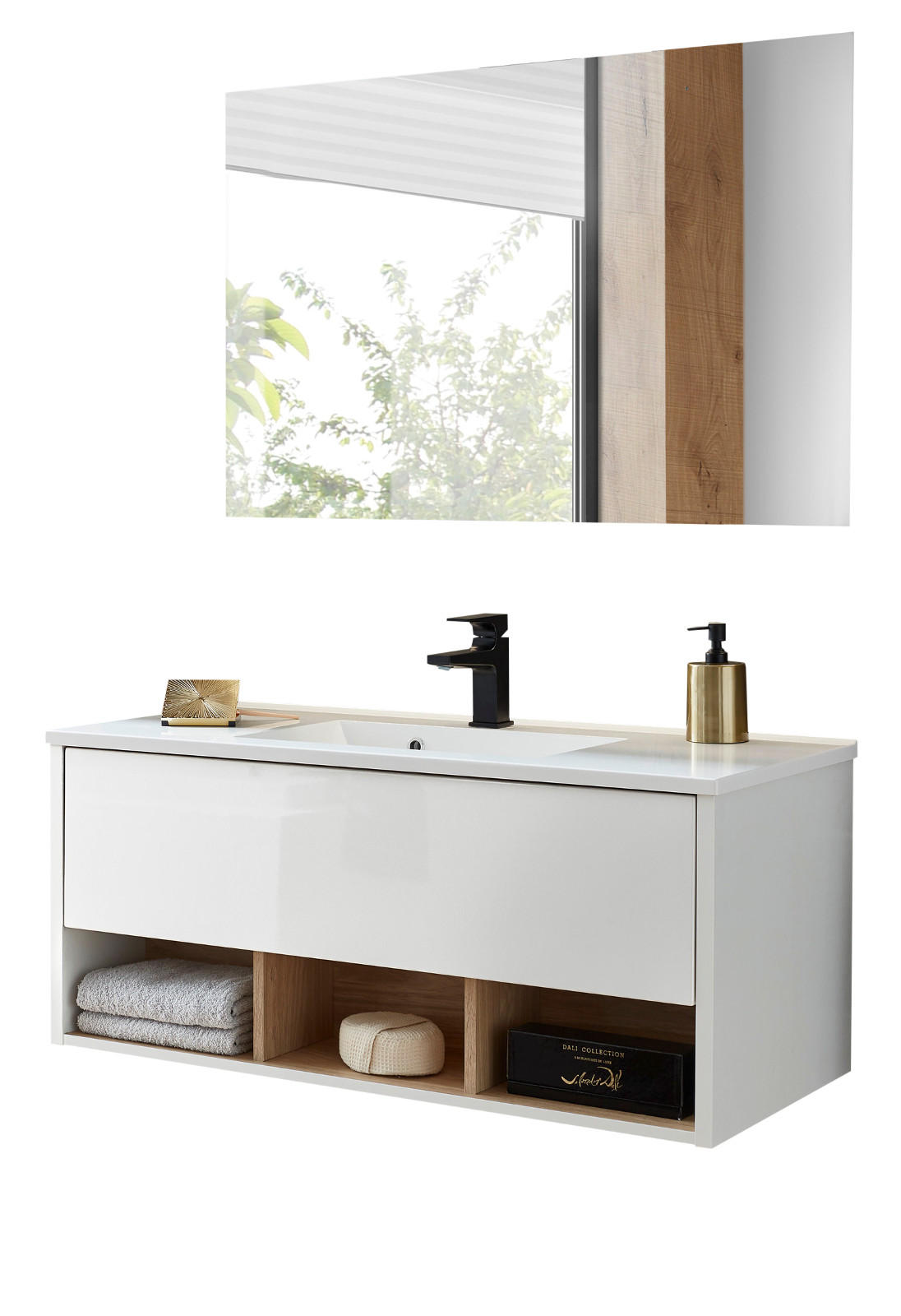 BADMÖBEL-SET weiß Hochglanz, Eiche 100 cm, Komplettset mit Waschbecken und LED Beleuchtung - Weiß Hochglanz/Eichefarben, Glas/Holzwerkstoff (100/190/47cm) - Furn.Design