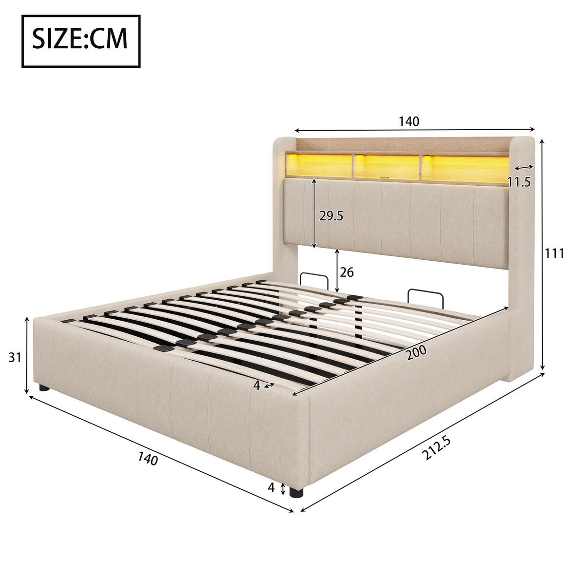 POLSTERBETT 140/200 cm Beige aus Leinenstoff mit LED und Stauraum - Beige, Textil (140/200cm) - OKMYHOME