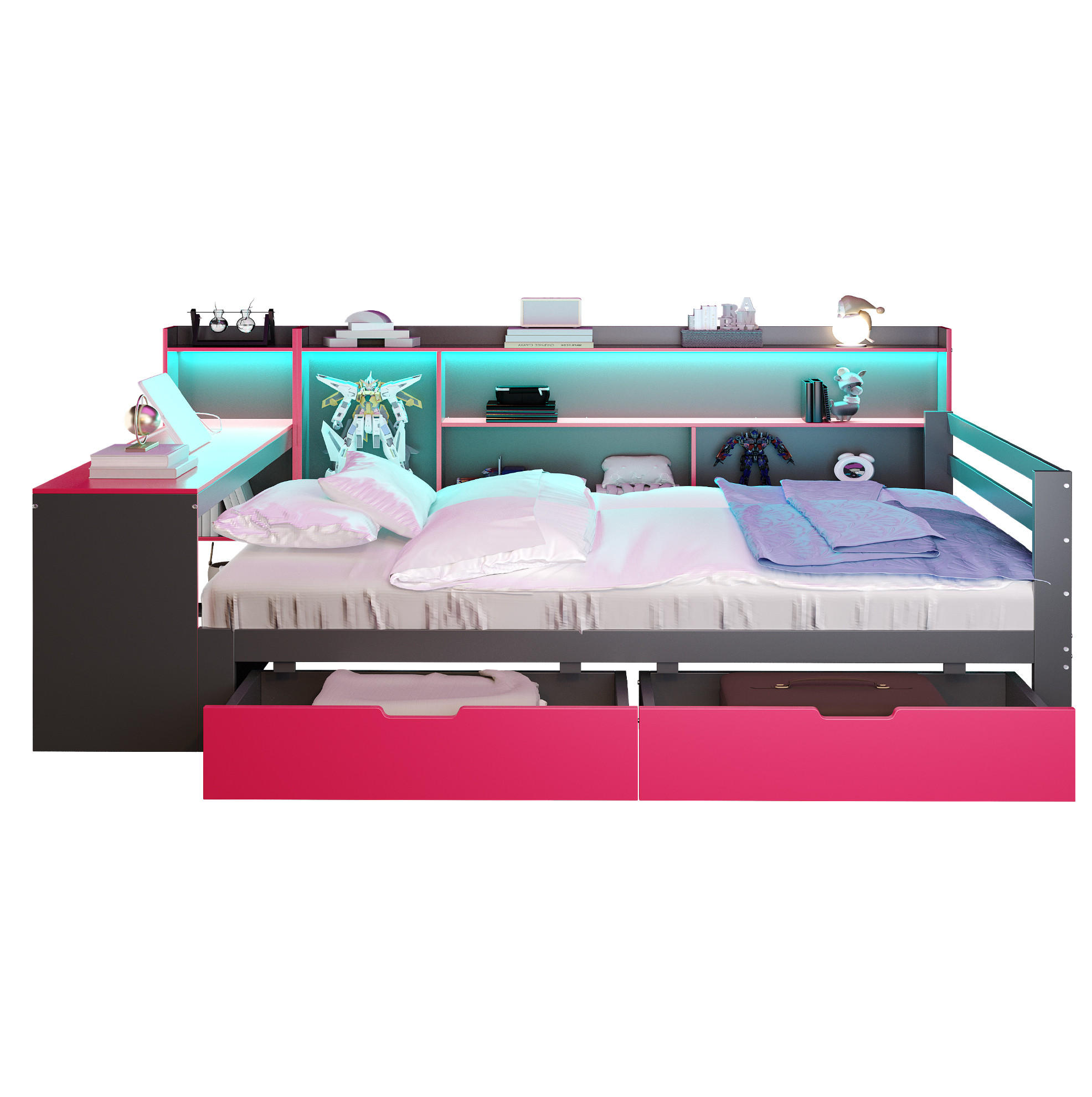 POLSTERBETT 140/200 cm mit Schreibtisch, Regalen, LED-Beleuchtung und USB-Steckdosen, Schwarz/Rot - Schwarz, Holzwerkstoff (140/200cm) - Redom