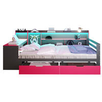 POLSTERBETT 140/200 cm mit Schreibtisch, Regalen, LED-Beleuchtung und USB-Steckdosen, Schwarz/Rot - Schwarz, Holzwerkstoff (140/200cm) - Redom