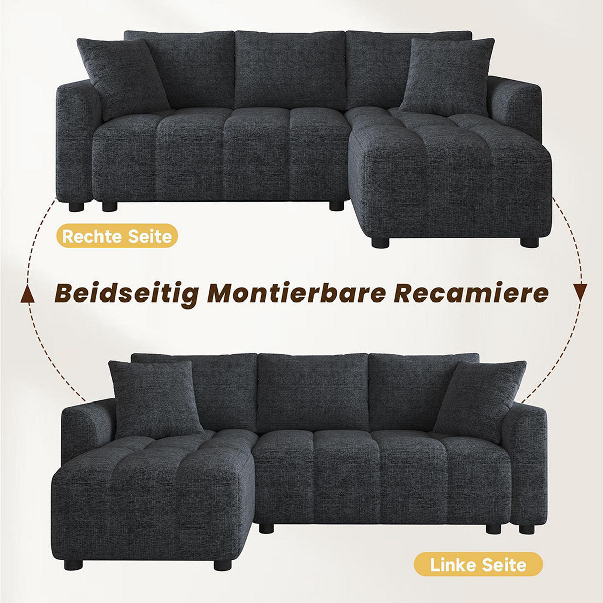 ECKSOFA mit 2 Zierkissen in Grau Chenille Stoff - Grau, Textil (127/204cm) - KOMHTOM