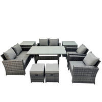 GARTENMÖBELSET mit 2 Sesseln,2 Zweisitzer,2 kleine Fußhocker,Esstisch,2 Beistelltischen Polyrattan Dunkelgrau 8-Sitzer - Dunkelgrau/Grau, Glas/Kunststoff - Fimous