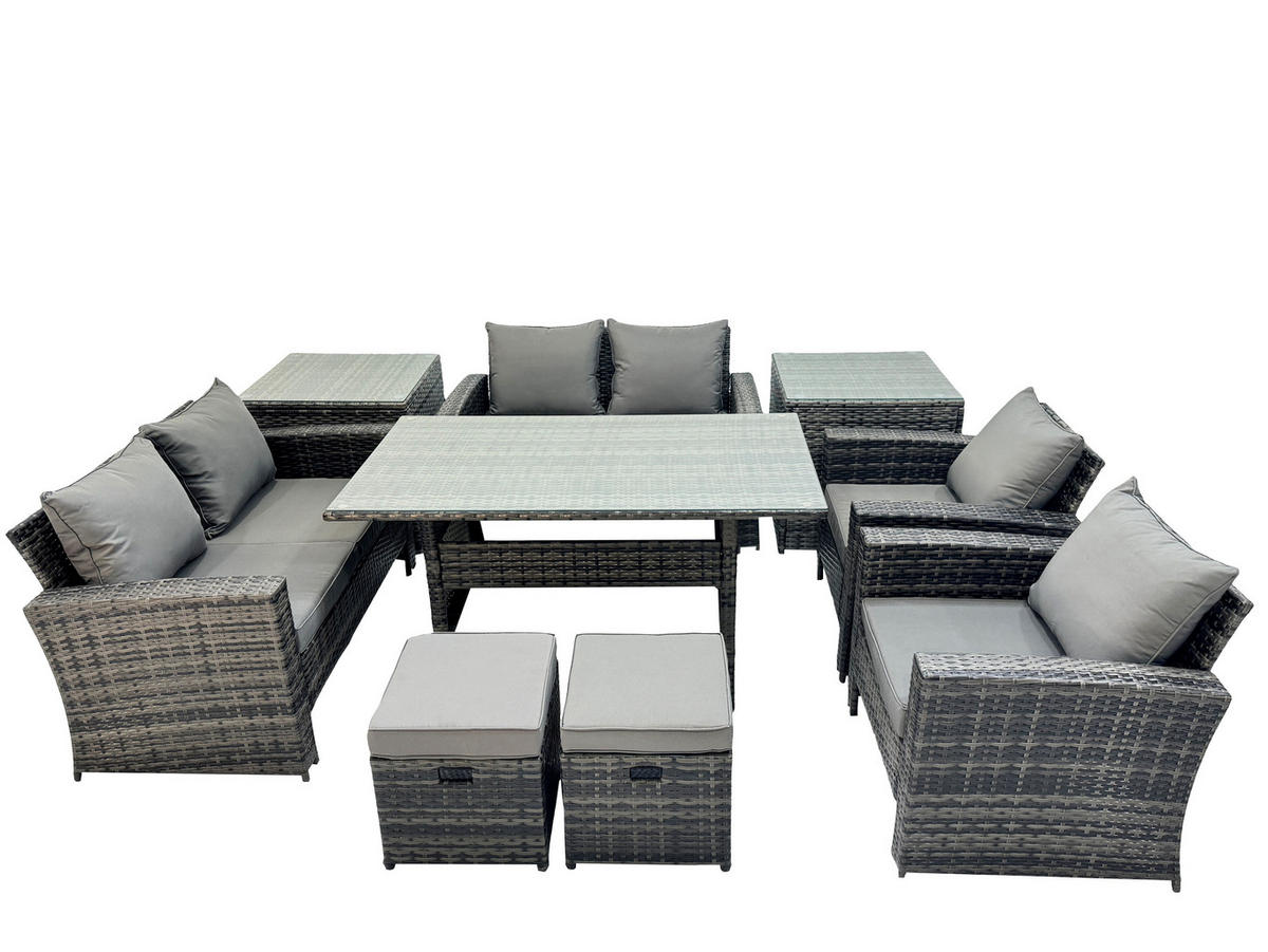 GARTENMÖBELSET mit 2 Sesseln,2 Zweisitzer,2 kleine Fußhocker,Esstisch,2 Beistelltischen Polyrattan Dunkelgrau 8-Sitzer - Dunkelgrau/Grau, Glas/Kunststoff - Fimous