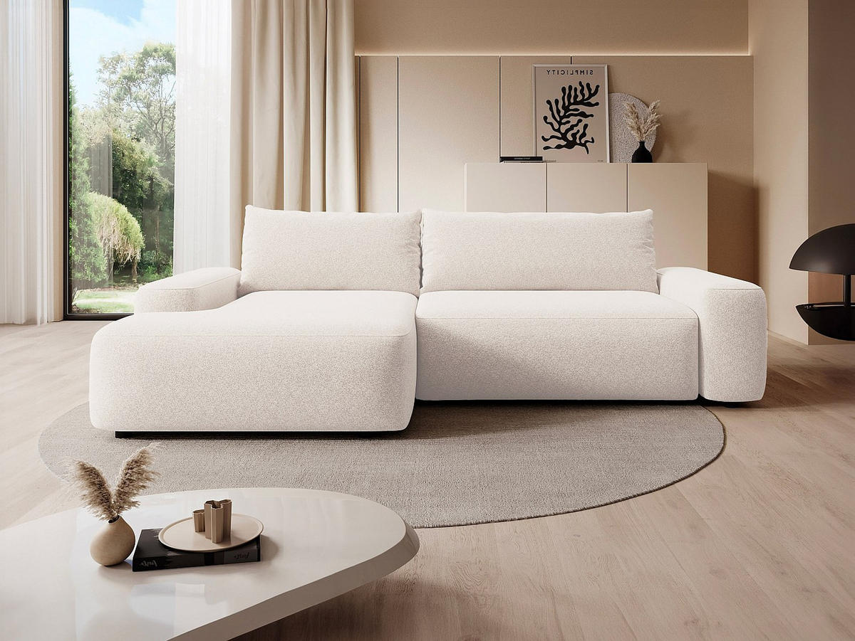 ECKSOFA mit Schlaffunktion - Ecke links - melierter Stoff- Cremefarben - DAVISO - Creme, Textil (264/162cm) - Vente-Unique