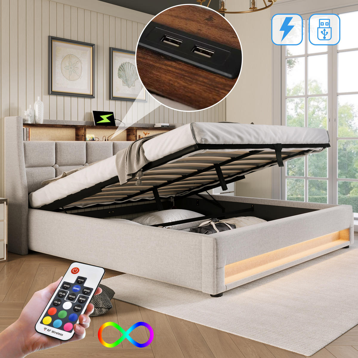 POLSTERBETT mit Stauraum, USB und LED 180x200 cm Beige - Beige, Metall (180/200cm) - Meubliv