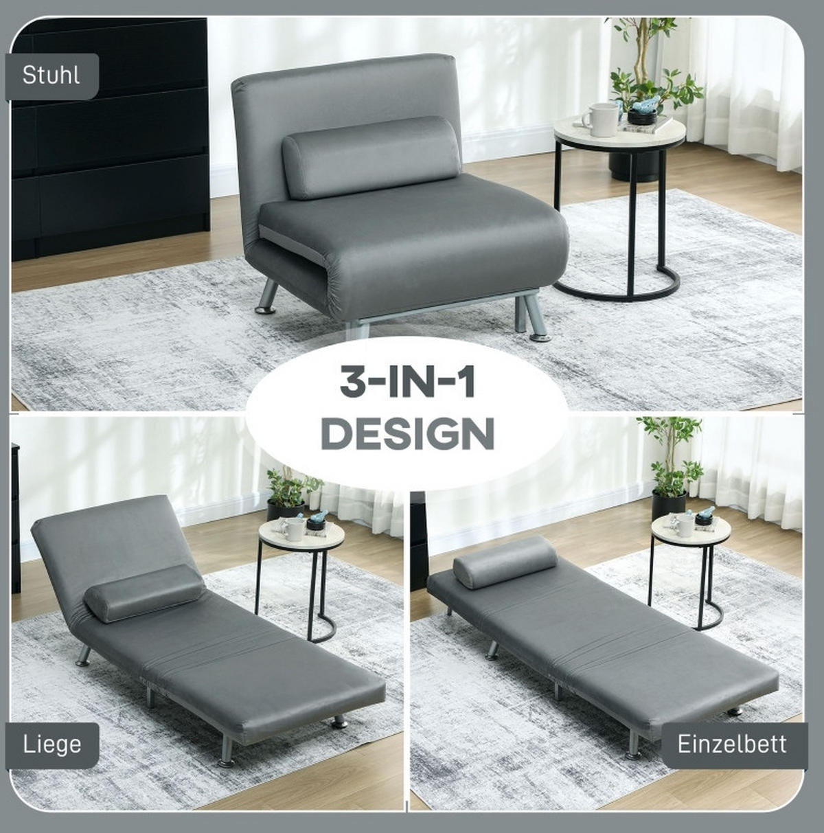 SCHLAFSESSEL 70/75/75 cm mit Liegefläche 75/180 cm – klappbar, platzsparend - Grau, Textil (70/75/75cm) - BEAOK