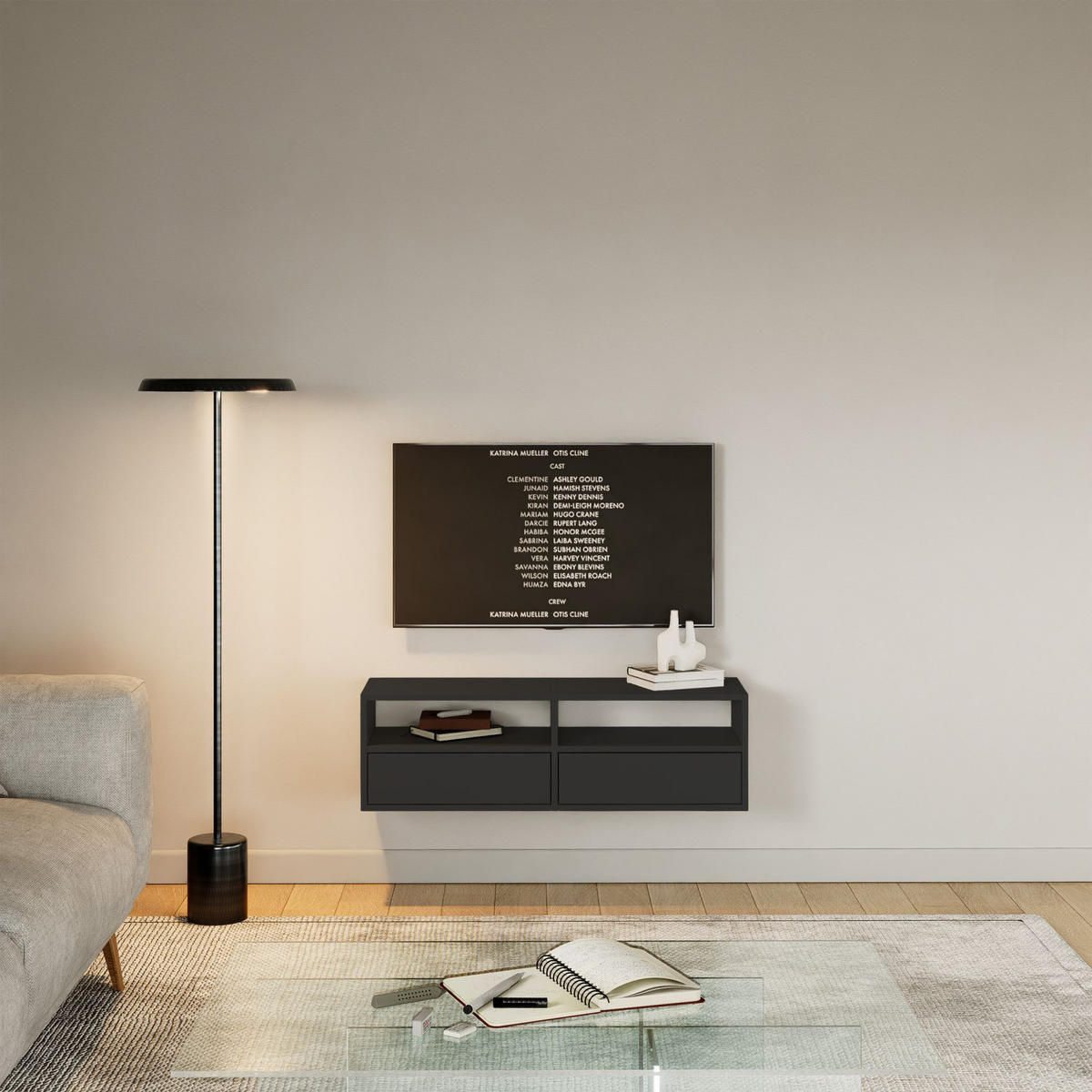 TV-LOWBOARD hängend, 2 Klappen und Ablagen, Schwarz, 100 cm - Schwarz, Holzwerkstoff (100.6/30/30cm) - Selsey