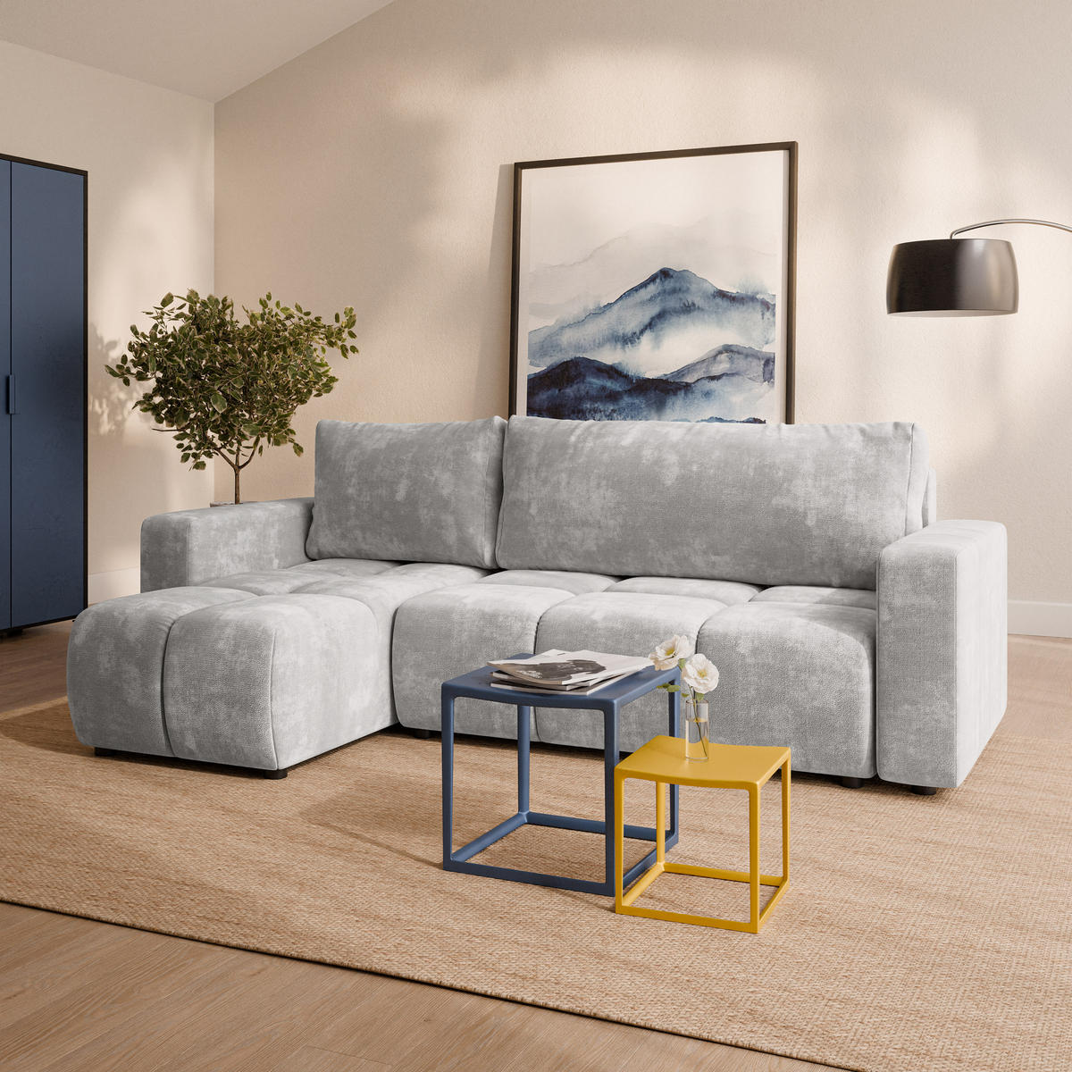 ECKSOFA RAMIL Hellgrau Chenille mit Schlaffunktion - Hellgrau, Holz (240/149cm) - MASSENO