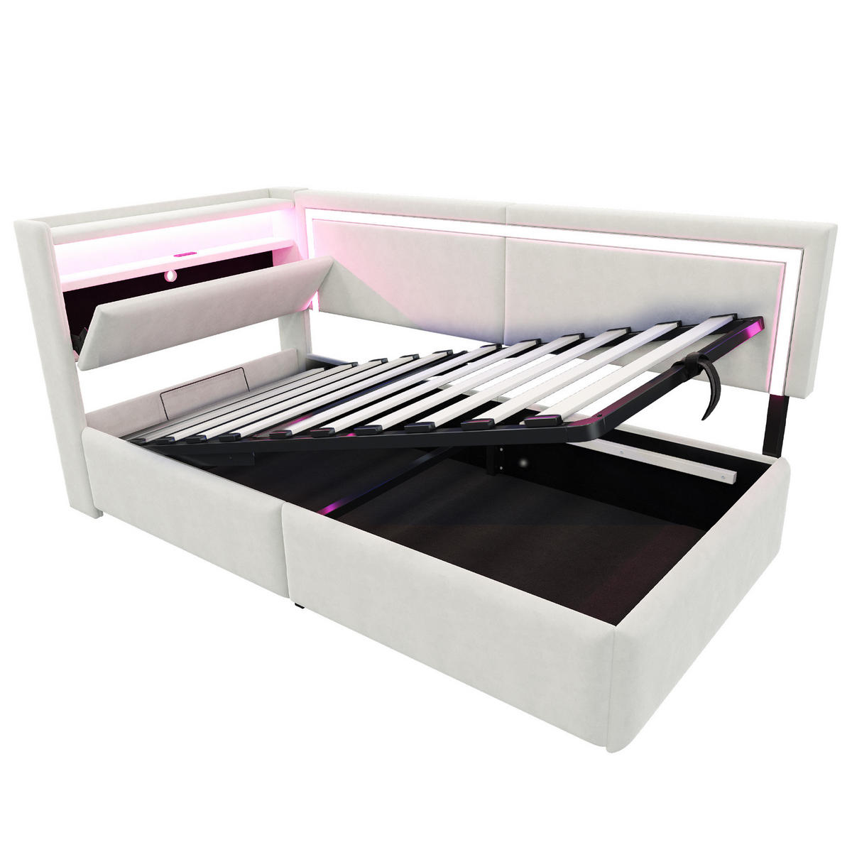 POLSTERBETT Schlafsofa 90/200 cm mit LED-Beleuchtung, USB-Anschluss, Bettkasten und Samtbezug, Beige - Beige, Textil (90/200cm) - Redom