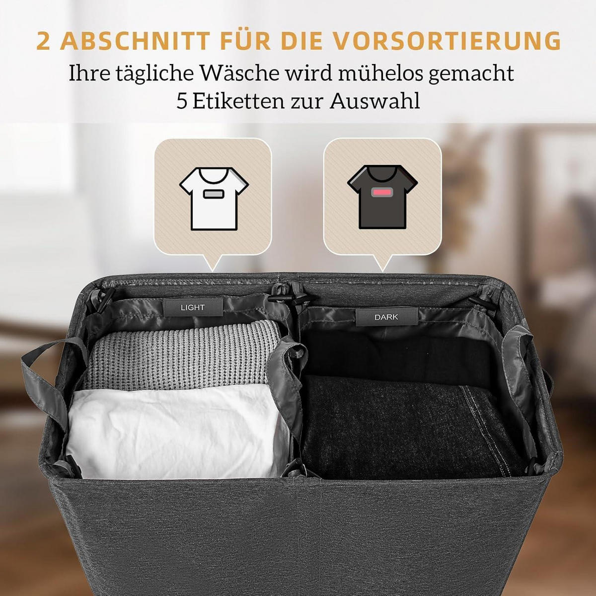 WÄSCHEKORB mit Deckel 135L 2 Fächer Dunkelgrau - Anthrazit, Textil (35/69/58cm)