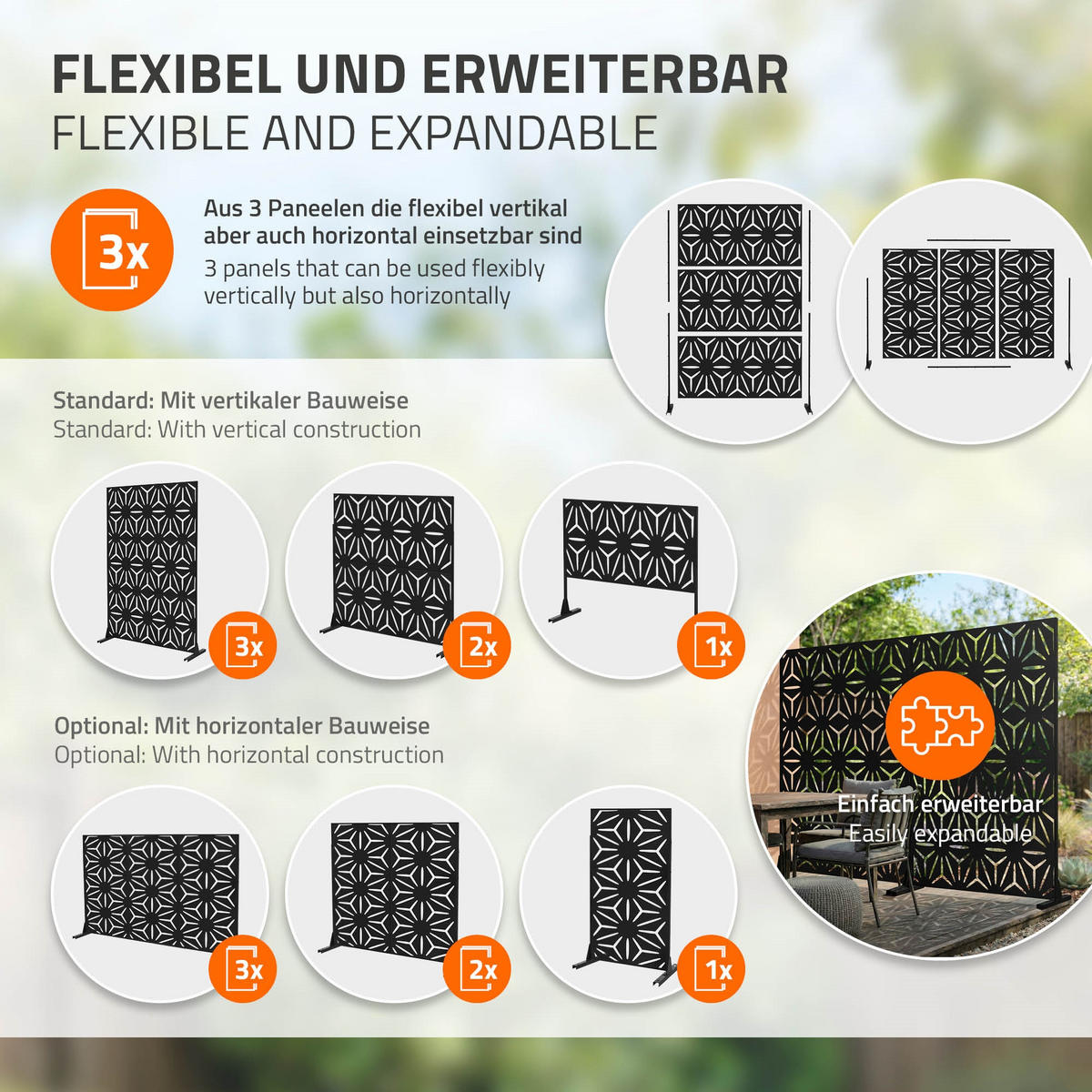 METALL-SICHTSCHUTZ Torino 120x180 cm Schwarz aus Stahl - Schwarz, Metall (120/183cm) - ML-DESIGN