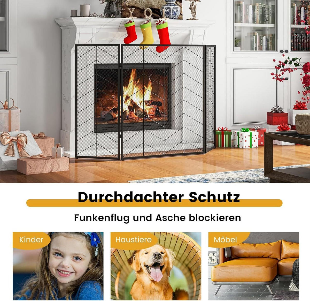 KAMINSCHIRM 132cm Schwarz - Schwarz, Metall (3/79/66cm) - COSTWAY