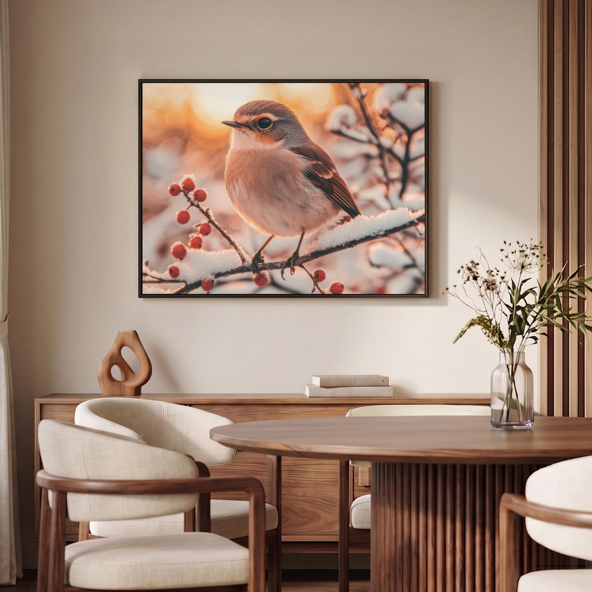 LEINWAND Bilder mit Rahmen - Vogel - Zweig - Winter - Tiere - Schnee - 100x70 - Bernsteinfarben, Textil (100/70cm) - MuchoWow