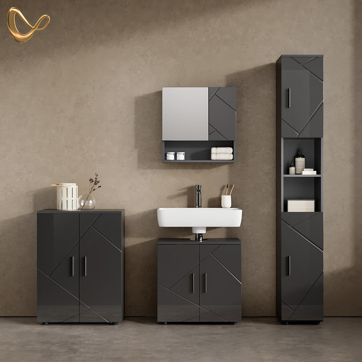 BADMÖBEL-SET Ronco Anthrazit Hochglanz 4 Teile, mit Hochschrank und Kommode - Anthrazit, Holzwerkstoff (60/192/30cm) - Livinity®