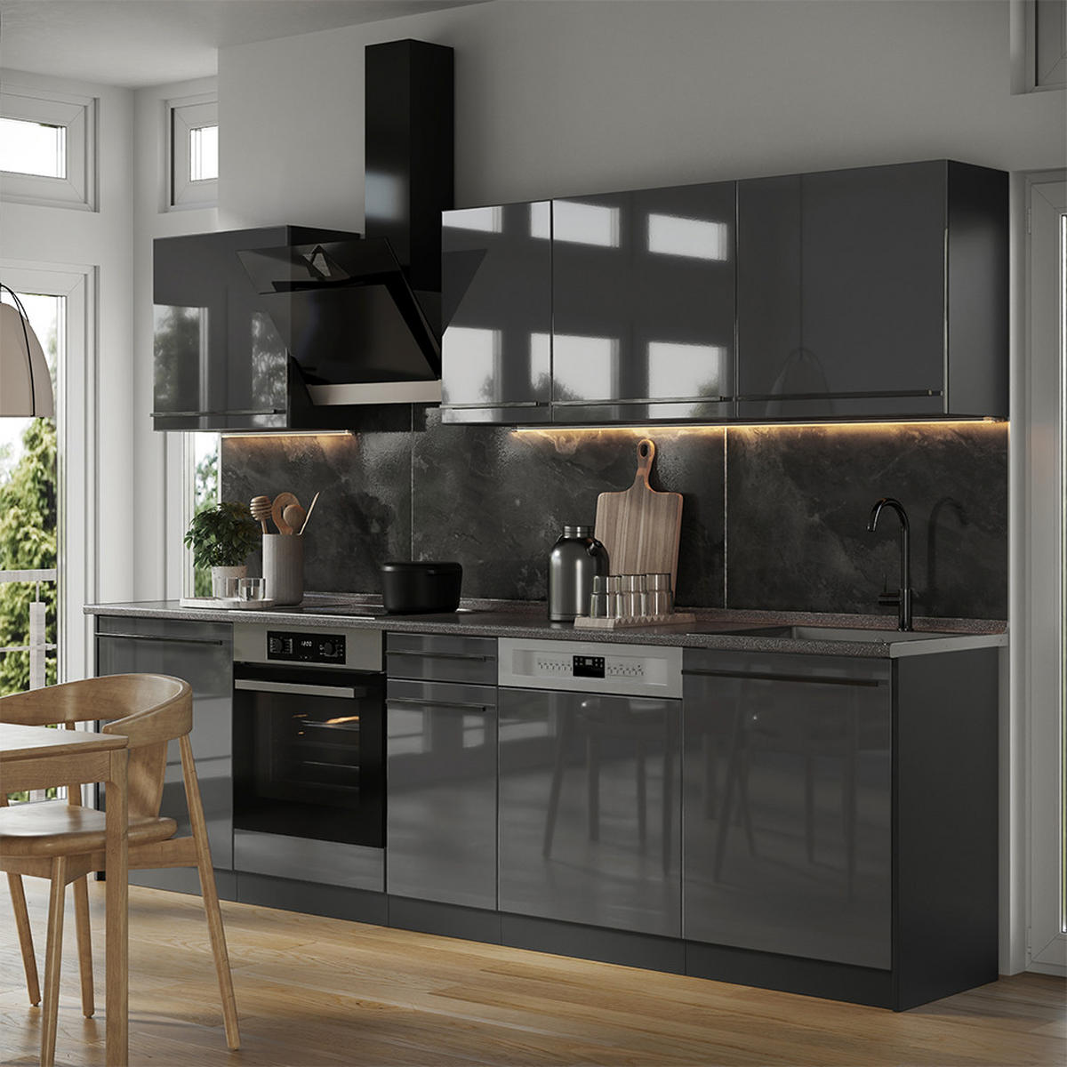 KÜCHENZEILE R-Line, Anthrazit Hochglanz/Anthrazit, 280 cm Arbeitsplatte Goldkraft Eiche - Schwarz Hochglanz/Anthrazit, Holzwerkstoff (280/206.8/60cm) - Vicco