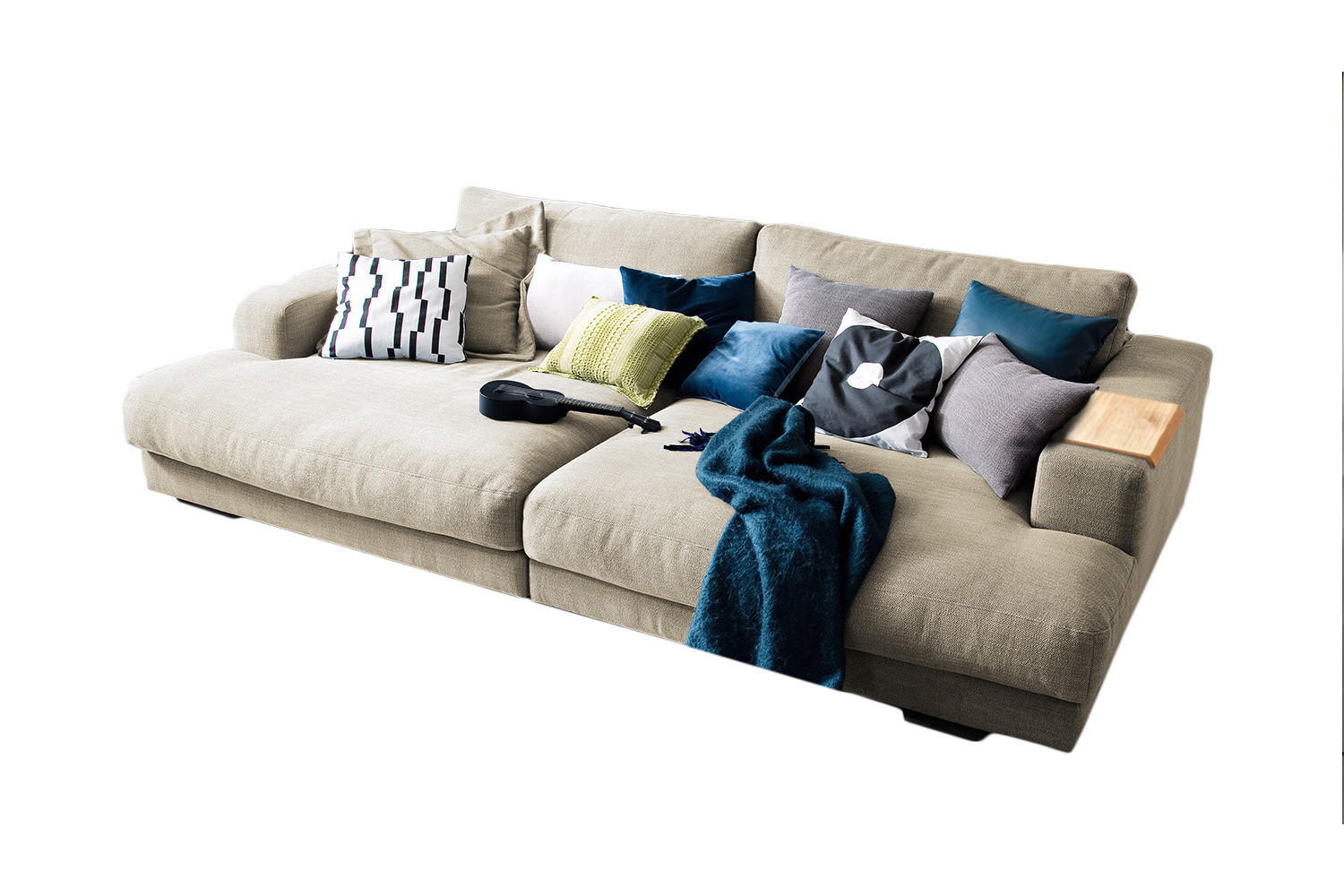 BIG SOFA MIT TABLETT NATUR MADELINE Cremeweiß Webstoff - Creme/Schwarz, Kunststoff/Textil (290/85/170cm) - KAWOLA
