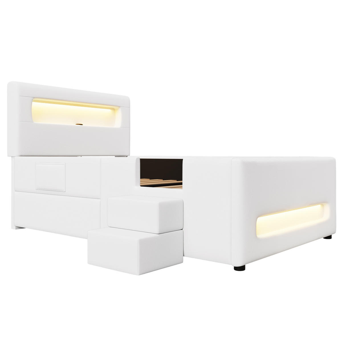 KINDERBETT 90/200 cm DE-03359, mit Treppe, Schubladen, LED-Lichtleisten und Aufbewahrungstaschen, in Weiß - Weiß, Holzwerkstoff (90/200cm) - ComfortXL