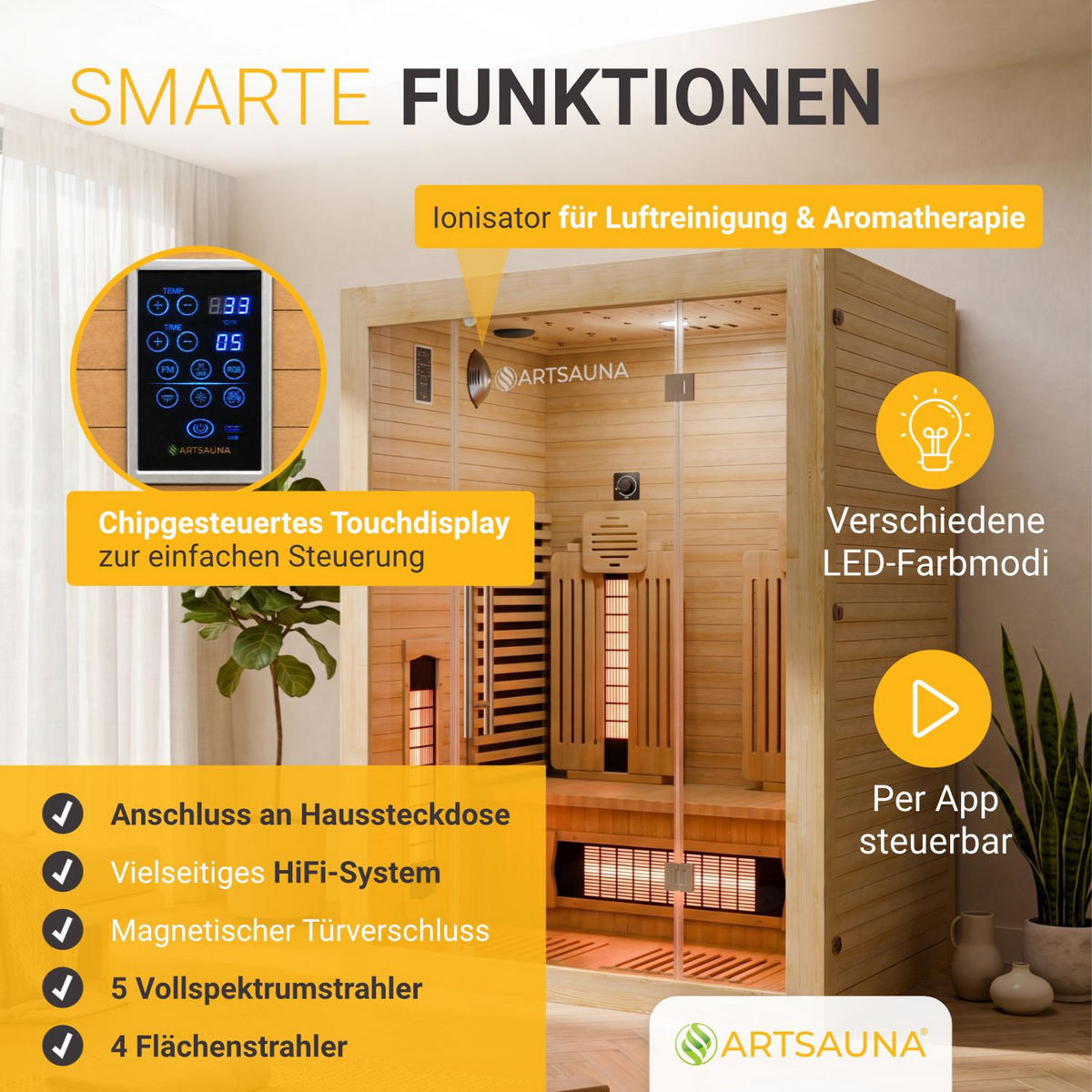 INFRAROTKABINE Aarhus140 mit Vollspektrumstrahlern & Hemlockholz - Naturfarben, Holz (120/190/140cm) - Artsauna