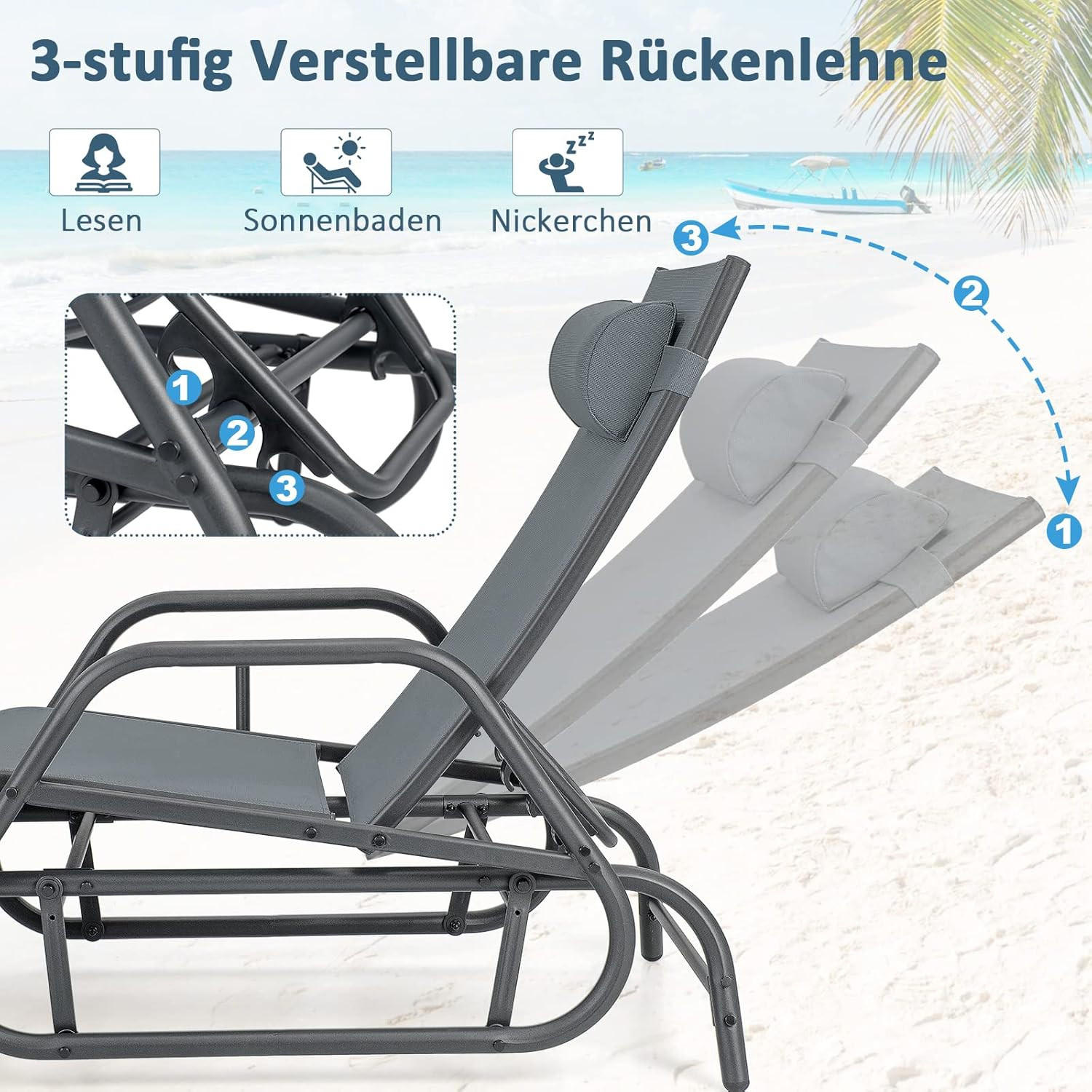 SONNENLIEGE mit Schaukelfunktion Grau - Grau, Metall (70/101/152cm) - COSTWAY