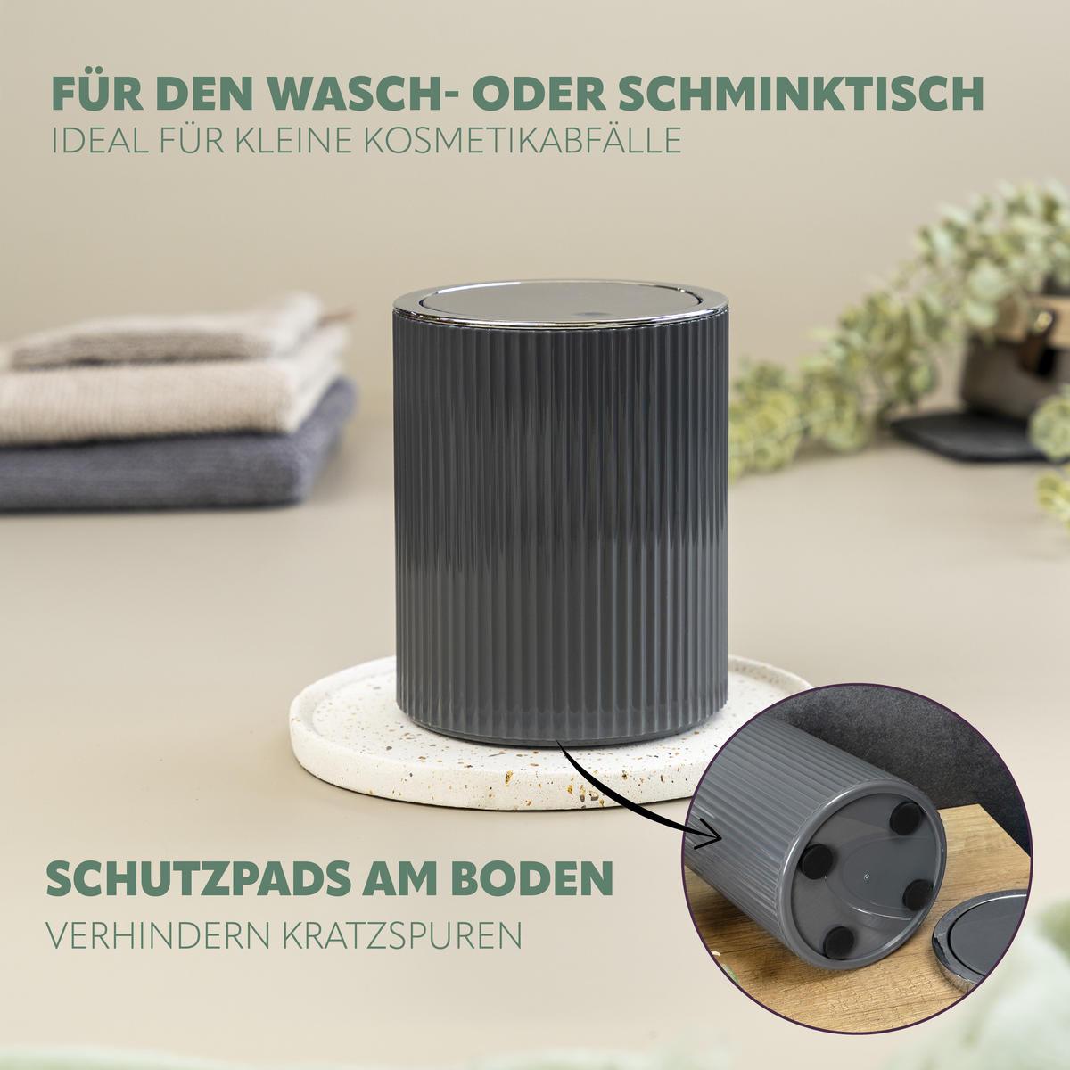 MINI-KOSMETIKEIMER 1,5 Liter, GAVELLO grau, Kunststoff - Grau, Kunststoff (12.5/16.3/12.5cm) - bremermann
