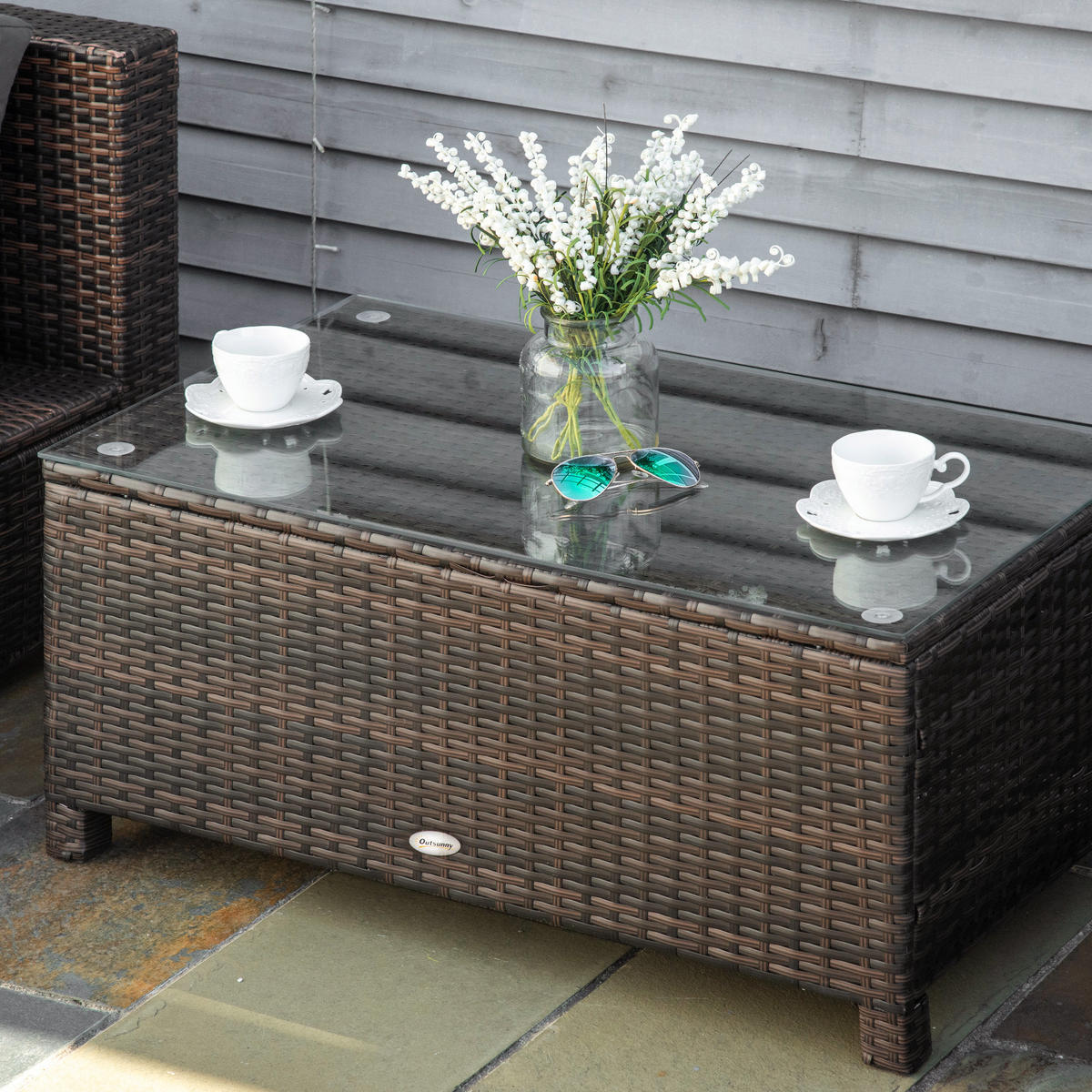 COUCHTISCH, Braun, Metall, PE-Rattan, Gehärtetes Glas - Braun, Kunststoff (85/50/39cm) - Outsunny