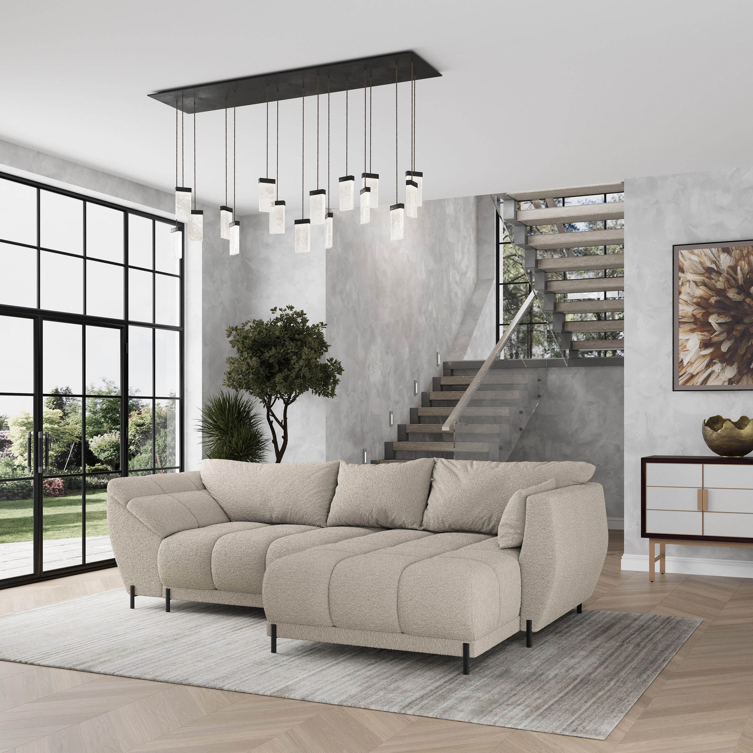 ECKSOFA VESTANO R-S Beige Boucle-Stoff mit Schlaffunktion - Beige, Holz (287/182cm) - MASSENO