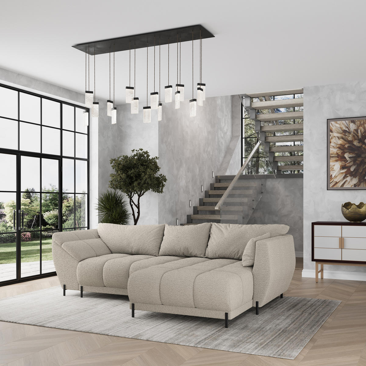ECKSOFA VESTANO R-S Beige Boucle-Stoff mit Schlaffunktion - Beige, Holz (287/182cm) - MASSENO