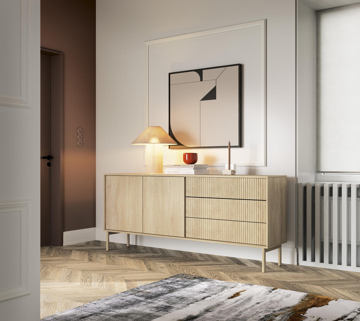 KOMMODE Aviro Eiche Cremona, Breite zweitürige Kommode mit Schubladen - Hellbraun/Eichefarben, Holzwerkstoff (187/80/40cm) - Bettso