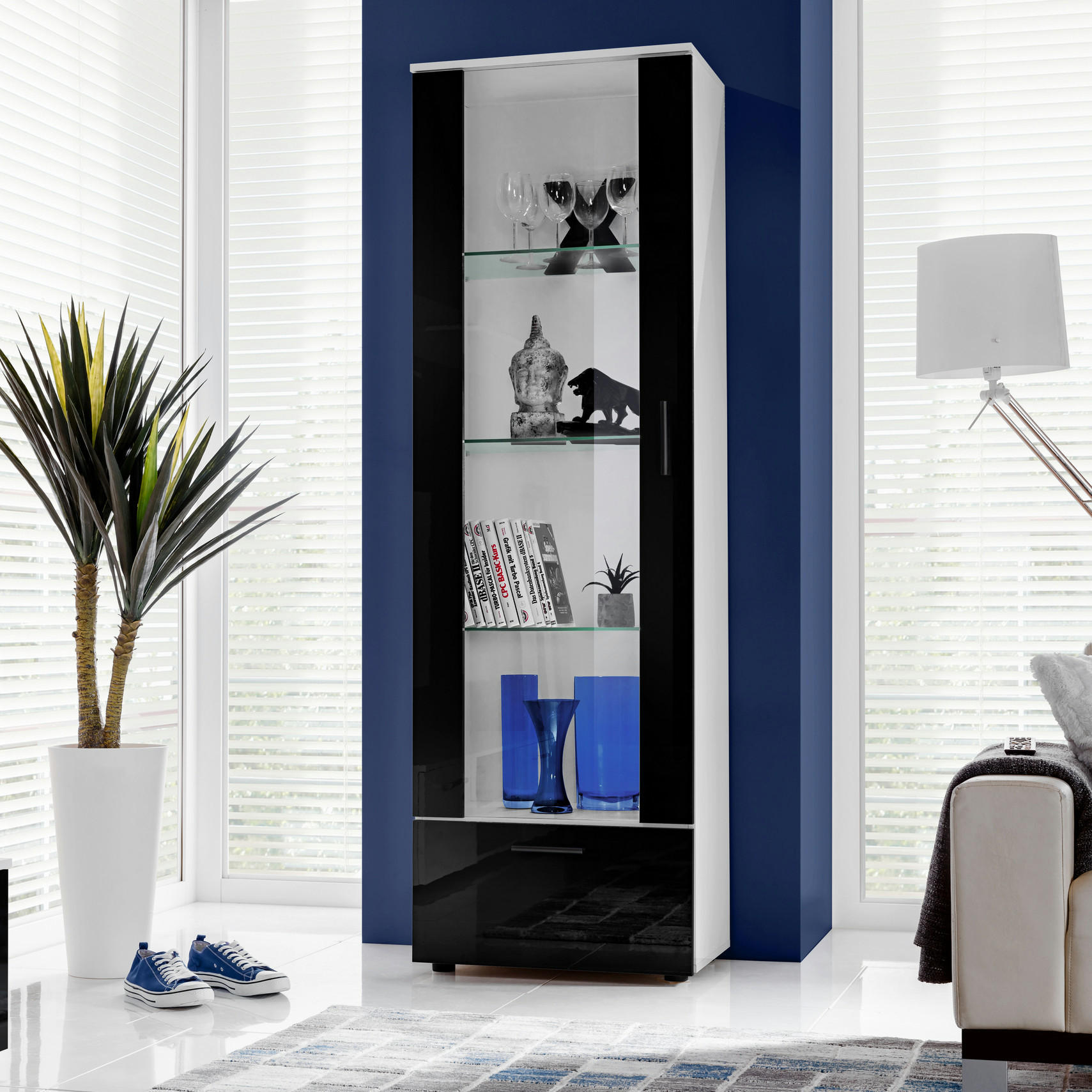 VITRINE ALESSANDRIA, Schwarz - Schwarz/Weiß, Glas/Holzwerkstoff (60/192/42cm) - Komodee