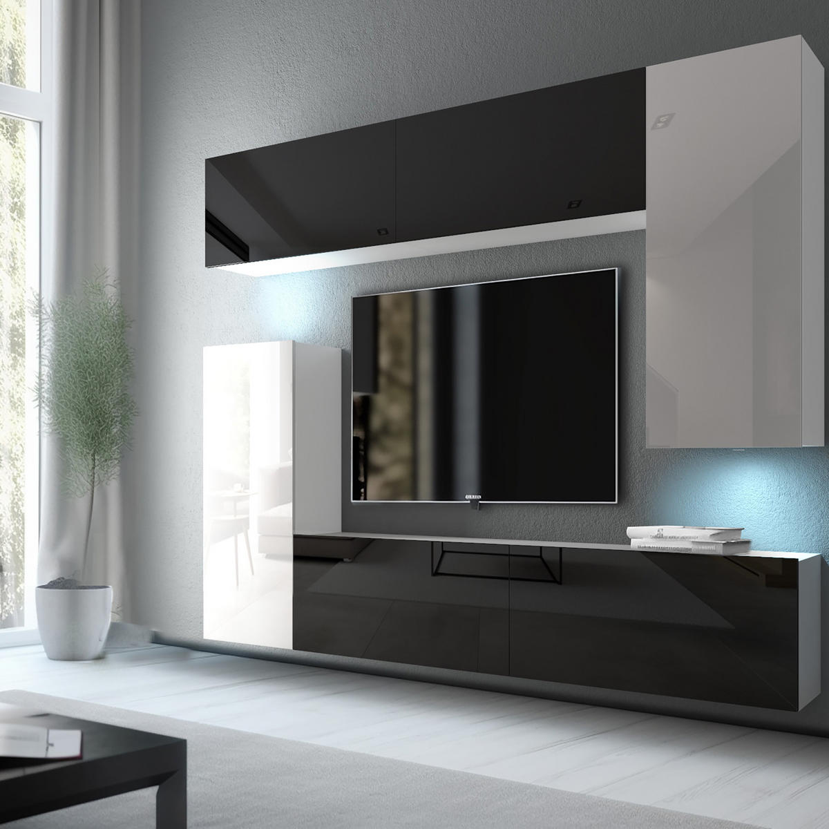 WOHNWAND Milano 8, Weiß Hochglanz/Schwarz Hochglanz, 250 cm, Grifflos - Weiß, Holz (250/115/36cm) - B BELINI GROUP