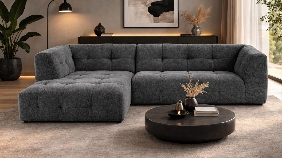 SOFA grau Webstoff 292 x 161 cm, Ecksofa 5-Sitzer, L-Sofa Ottomane links - Grau, Holz/Textil (292/161cm) - Inn.Furn