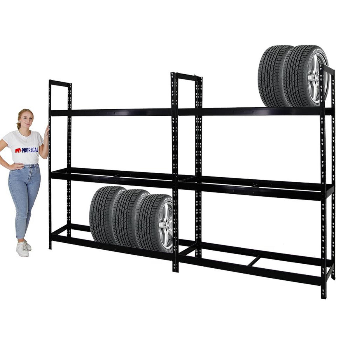REIFENREGAL Tiger XL 2er-Set mit 2x 200x150x45 cm 300 kg Fachlast bis zu 36 Reifen Schwarz - Schwarz, Metall (300/200/45cm) - PROREGAL