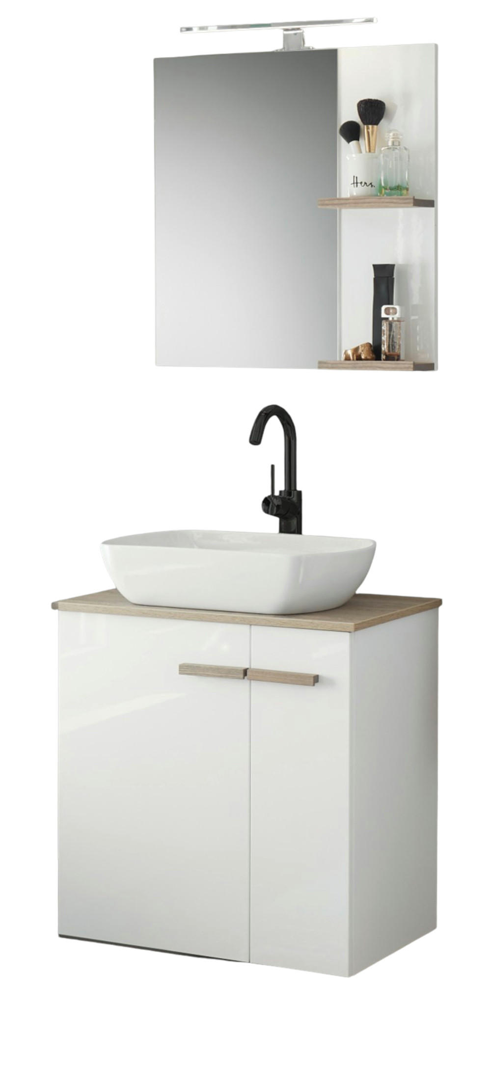 BADMÖBEL-SET weiß Hochglanz Lack, Eiche, Badkombination MIT Waschbecken, Badlampe 60 x 200 cm hängend, stehend - Weiß Hochglanz/Eichefarben, Holzwerkstoff (60/200/40cm) - Furn.Design