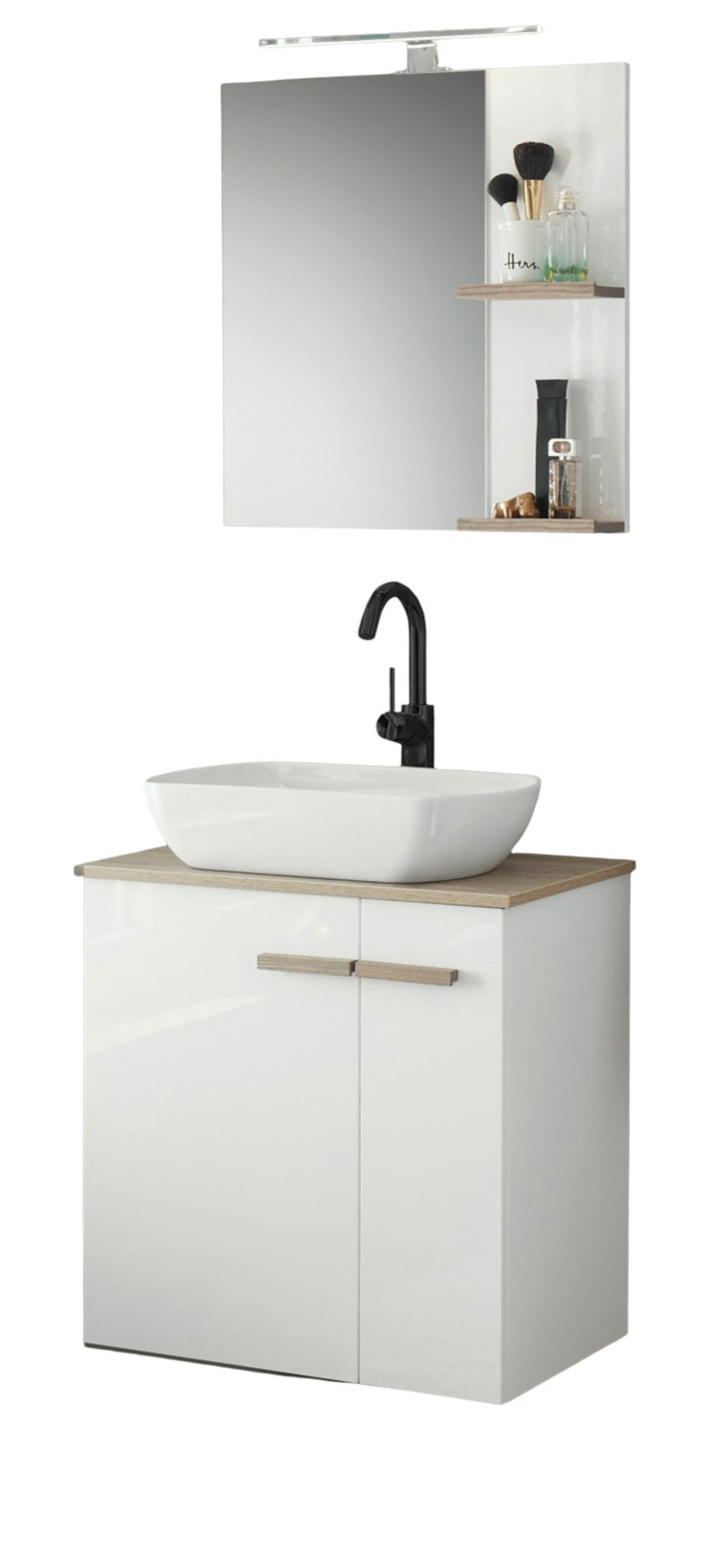 BADMÖBEL-SET weiß Hochglanz Lack, Eiche, Badkombination MIT Waschbecken, Badlampe 60 x 200 cm hängend, stehend - Weiß Hochglanz/Eichefarben, Holzwerkstoff (60/200/40cm) - Furn.Design