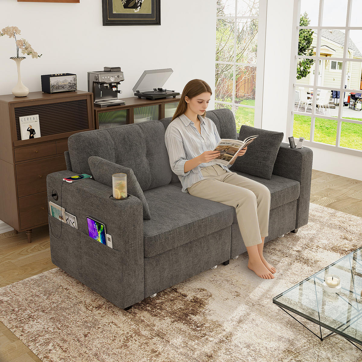 2-SITZER SOFA Chenille Grau mit USB, Schubladen und Getränkehaltern - Grau, Textil/Metall (172/82/75cm) - WISHDOR