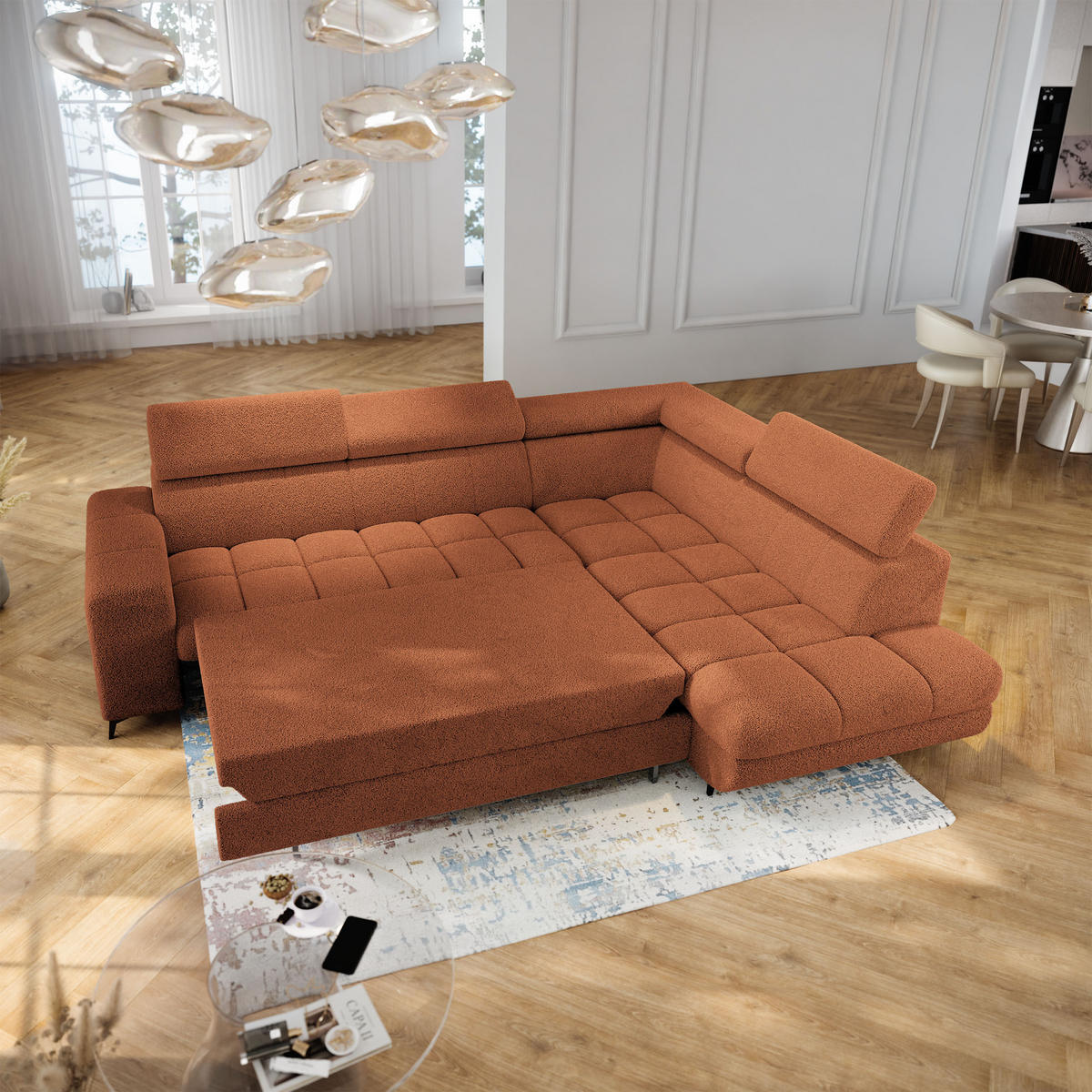 ECKSOFA MORIVA Q R-S Orange Boucle-Stoff mit Schlaffunktion - Orange, Holzwerkstoff/Textil (253/190cm) - MASSENO