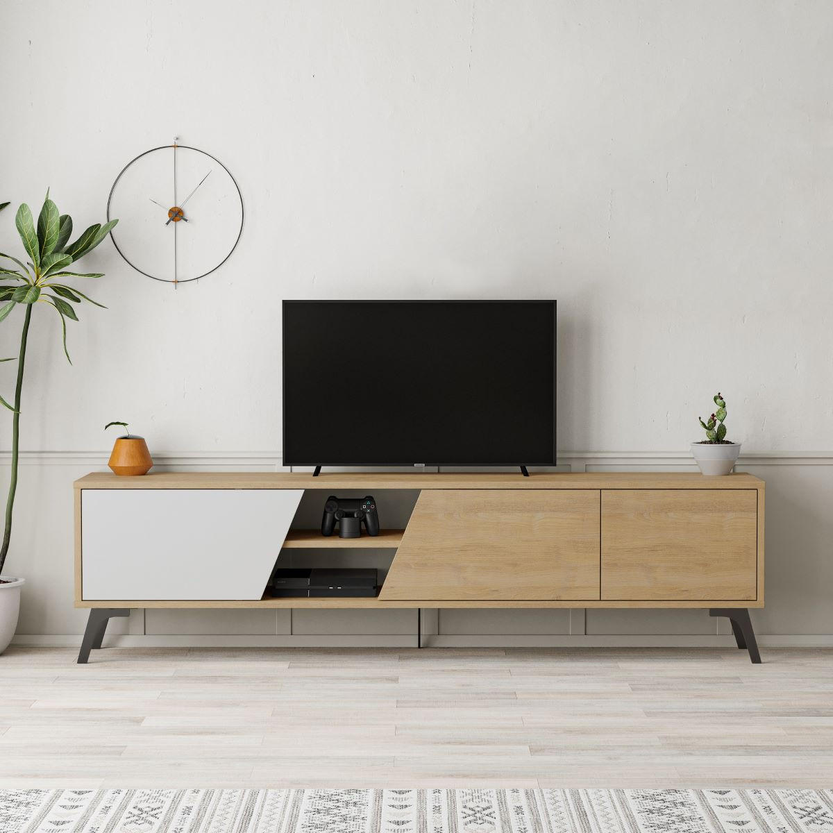 TV-MÖBEL mit 3 Türen und 2 Nischen, Eiche und weiß dekoriert, L180 cm - Fiona - Apfelbaumfarben, Holzwerkstoff (35.6/48/180cm) - Calicosy