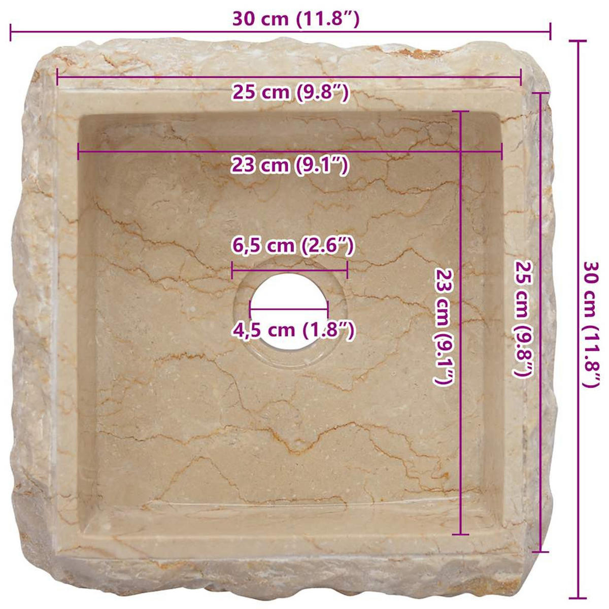 WASCHBECKEN Creme 30/30/13 Cm Marmor - Creme, Stein (30/13/30cm) - vidaXL