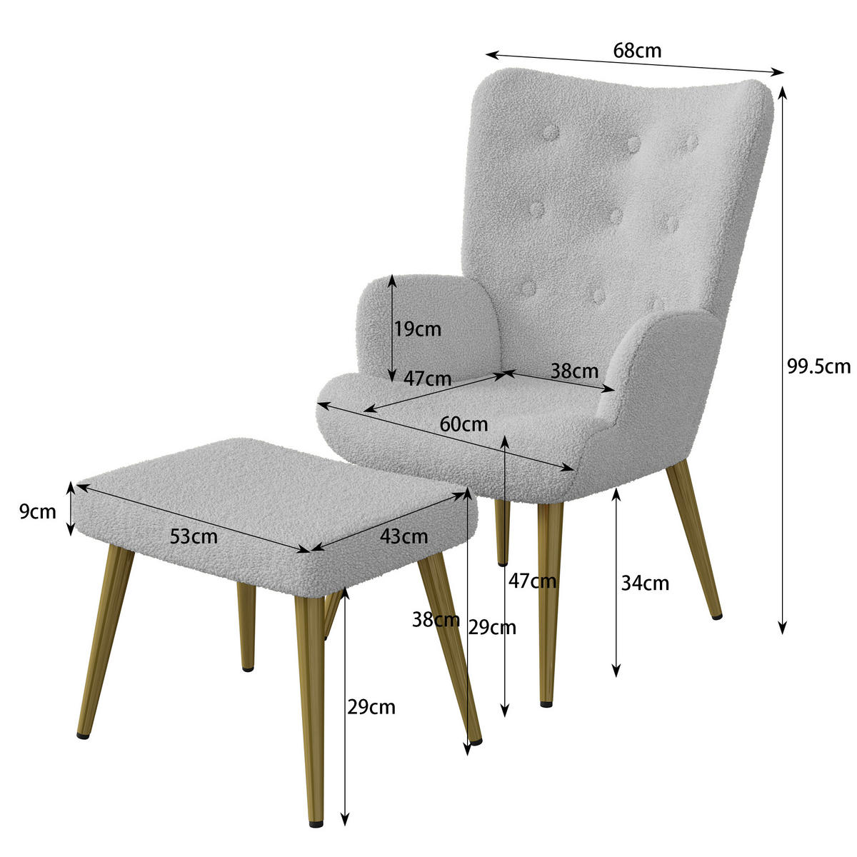 OHRENSESSEL Grau Mit Hocker Polyester Polstersessel - Grau, Holz (68/99/47cm)