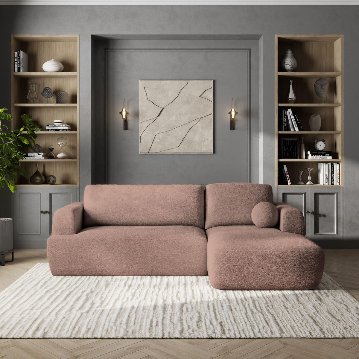 ECKSOFA SENTI N R-S Rosa Boucle-Stoff mit Schlaffunktion - Schwarz/Rosa, Holz/Kunststoff (246/148cm) - MASSENO