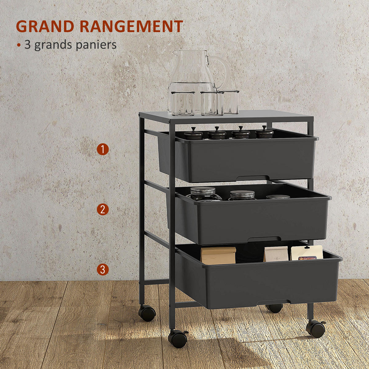 SERVIERWAGEN DE-12427 3 Körbe mit Plateau 41/34/61 cm Weiß - Schwarz, Metall (33.5/60.5/40.8cm) - ComfortXL