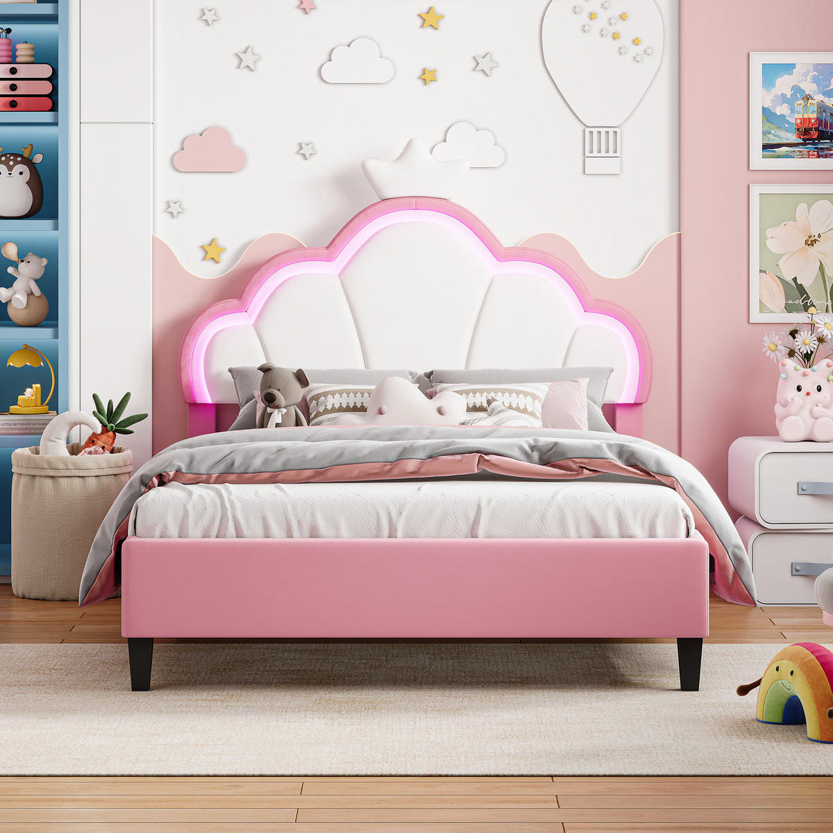 POLSTERBETT 140x190 cm mit höhenverstellbarem Kopfteil & RGB-LED – Doppelbett / Kinderbett für Mädchen, Samt, Rosa - Pink, Holz/Metall (140/190cm) - BursDany