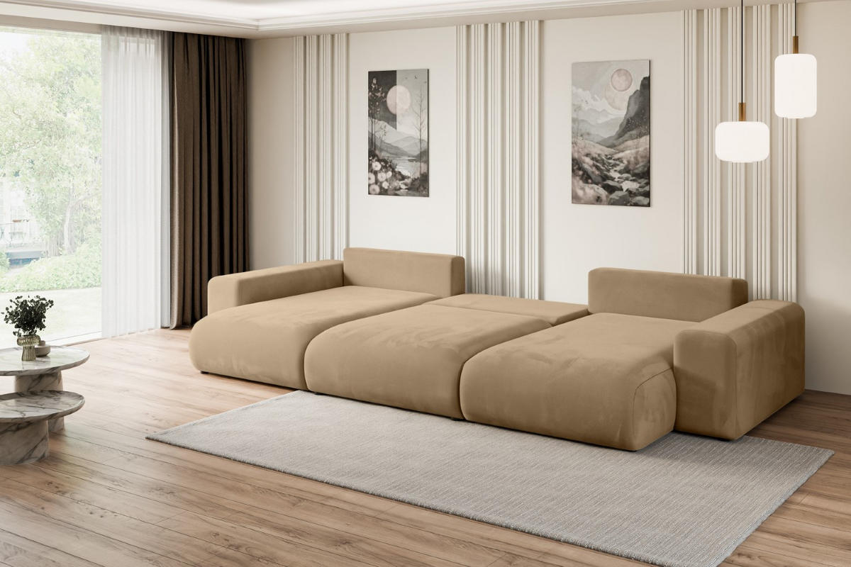 WOHNLANDSCHAFT mit Schlaffunktion und Bettkasten ESKAR-U -352x165x84cm Beige Velours - Beige/Schwarz, Holzwerkstoff/Kunststoff (352/84/165cm) - ALTDECOR