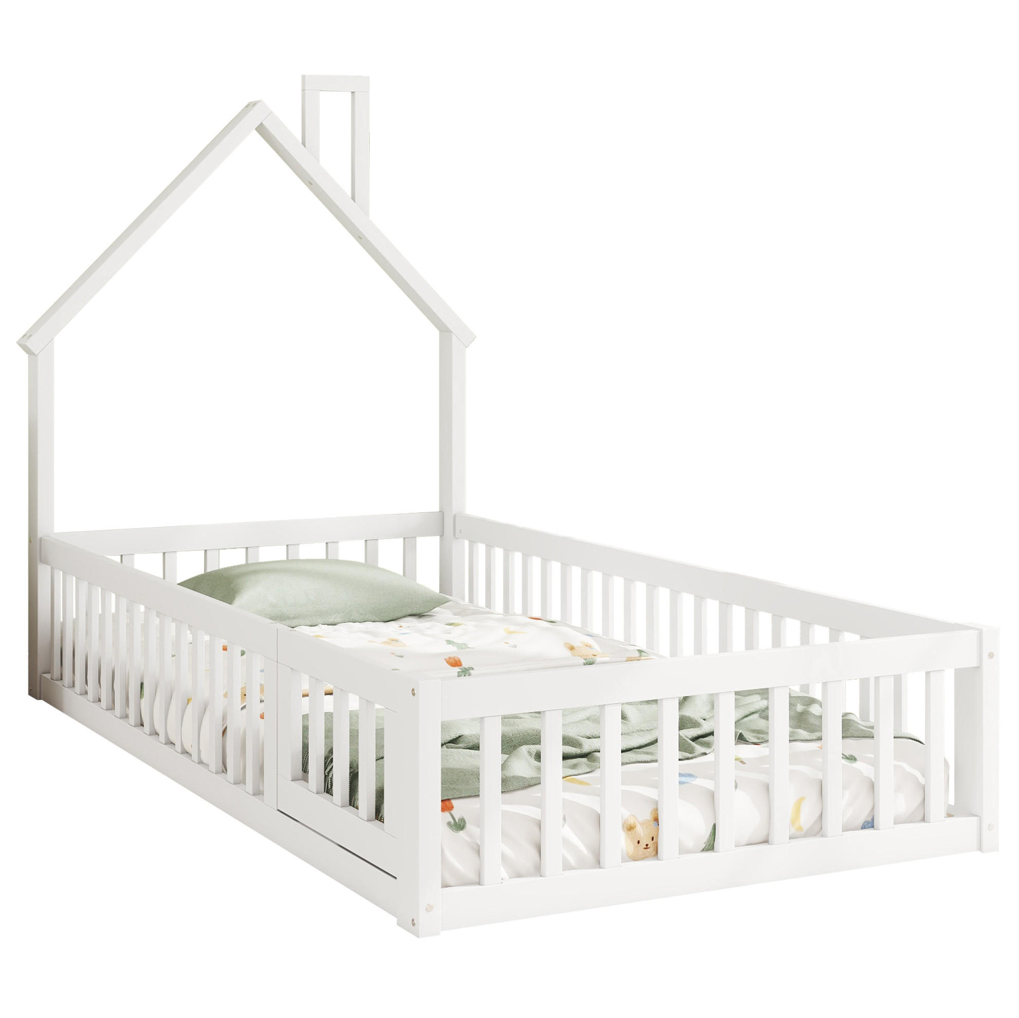 OKWISH DĚTSKÁ postel 90/200 cm bílá z borovice a MDF s komínem a zábradlím