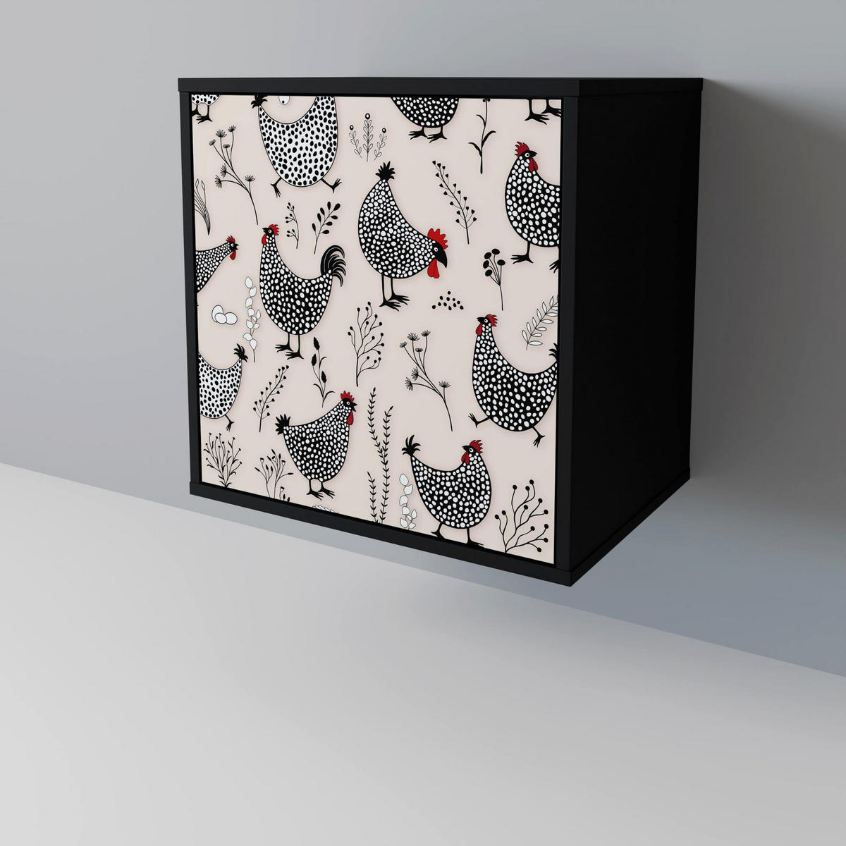 SIDEBOARD HAPPY HENS, Schwarz, 57,5x42x75,5 cm, Goldfarbene Metallfüße - Goldfarben/Multicolor, Holzwerkstoff/Metall (57.5/75.5/42cm) - SpaceRebels