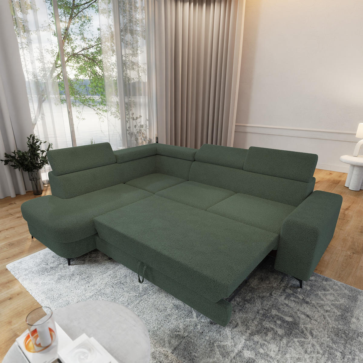 ECKSOFA ALVORO L-S Grün Boucle-Stoff mit Schlaffunktion - Grün, Holz (253/190cm) - MASSENO