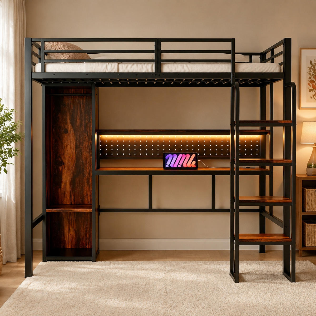 HOCHBETT 90/200 mit LED-Beleuchtung, Schreibtisch und Kleiderschrank in Schwarz - Schwarz, Holz/Holzwerkstoff (90/200cm) - EVRYAE