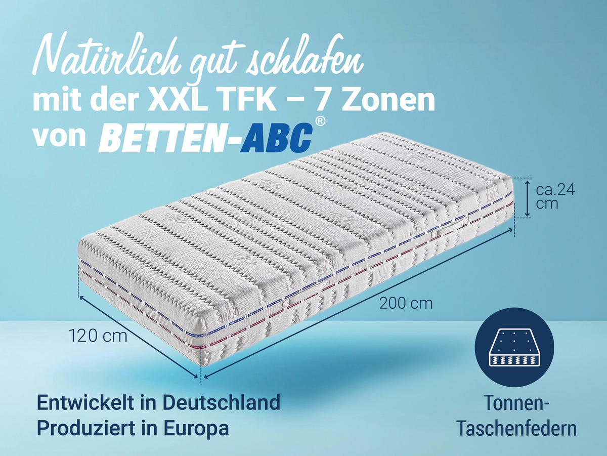 TASCHENFEDERKERNMATRATZE XXL-TFK, 7 Zonen, fester Härtegrad, Größe: 120x200 - Weiß, Textil (120/200cm) - Betten-ABC